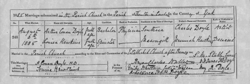 The marriage certificate of Arthur and Louisa Conan Doyle